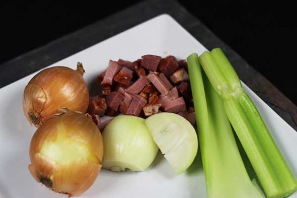Ingredients for Creole-Style Chicken and Sausage Gumbo--the perfect way to celebrate Mardi Gras!