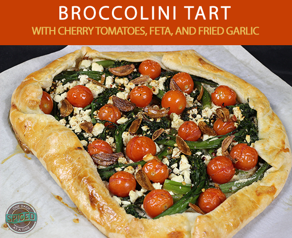Easy + Delicious Recipe for Broccolini Tart with Cherry Tomatoes, Feta, and Fried Garlic