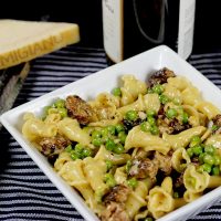 Campanelle + Italian Sausage, Peas, and Parmigiano Reggiano Cream Sauce