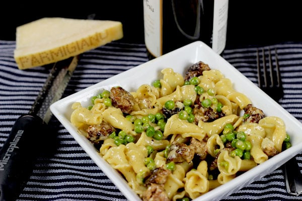 Campanelle + Italian Sausage, Peas, and Parmigiano Reggiano Cream Sauce