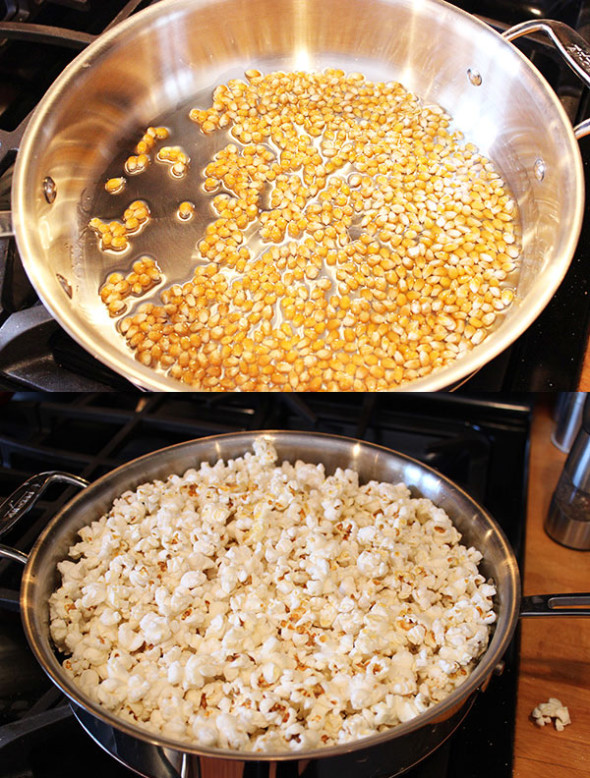 Stovetop Popped Popcorn: Before and After. Click for recipe from Spiced!