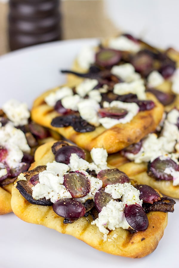 Grilled Goat Cheese Flatbread with Caramelized Onions + Roasted Red Grapes