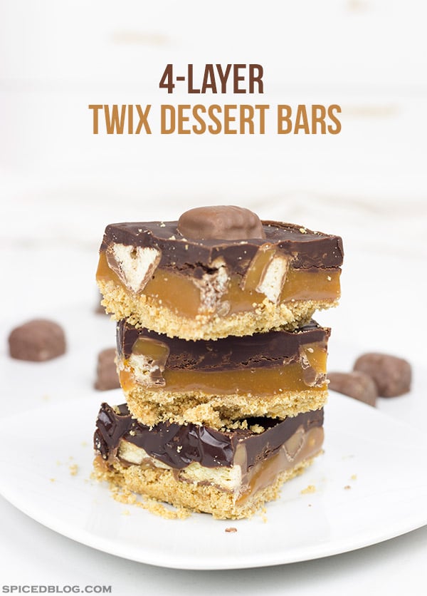 4 Layer Twix Dessert Bars: These bars are chocolatey, caramely and perfect for summer!