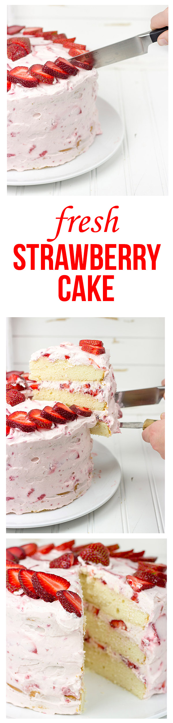 Fresh Strawberry Cake | This cake features loads of fresh strawberries and a light whipped cream topping. It's PERFECT for summer!!