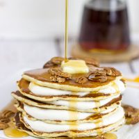 Featuring alternating layers of deliciousness, these Buttermilk Pancakes with Butter Pecan Cream are one awesome breakfast treat!
