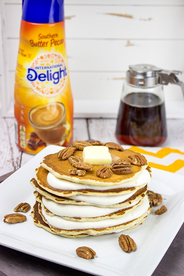 Featuring alternating layers of deliciousness, these Buttermilk Pancakes with Butter Pecan Cream are one awesome breakfast treat!