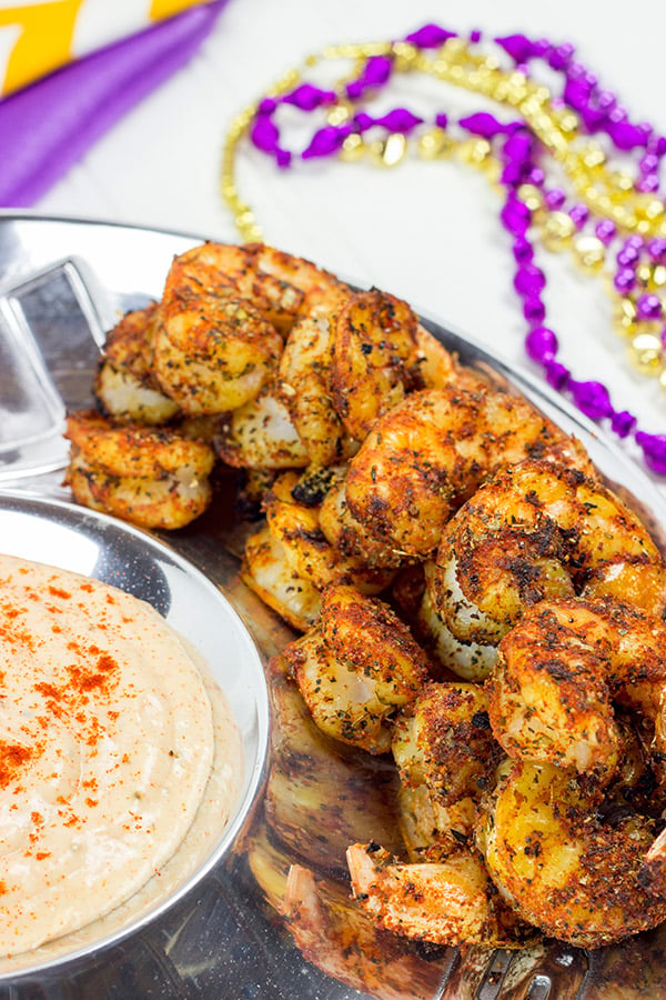 Get tailgating season started off right with this tasty Cajun Grilled Shrimp with Spicy Dipping Sauce!