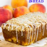 This Peach Crumble Bread is loaded with diced peaches and topped with a brown sugar cinnamon crumble. A slice of this bread is the perfect way to start a warm summer morning!