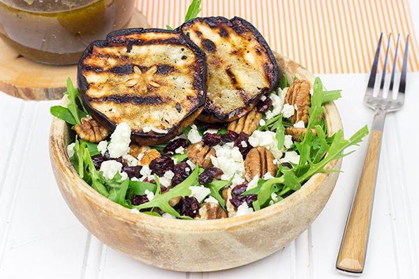 This Grilled Pear, Gorgonzola and Pecan Arugula Salad is surprisingly easy to make. Top it with a tasty, homemade Honey Balsamic Dressing for an extra boost of flavor!