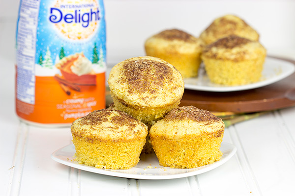 These Pumpkin Pie Spice Cornbread Muffins feature a dash of cinnamon and sugar on top. They're easy, tasty and loaded with your favorite Fall flavors! #IDelight