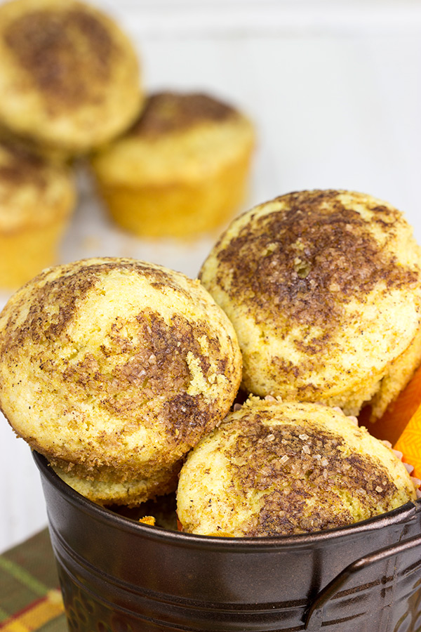 These Pumpkin Pie Spice Cornbread Muffins feature a dash of cinnamon and sugar on top. They're easy, tasty and loaded with your favorite Fall flavors! #IDelight