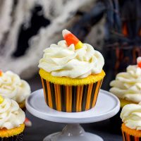 A bit of yellow and orange food coloring turns these classic vanilla cupcakes into Candy Corn Cupcakes. They're perfect for Halloween!