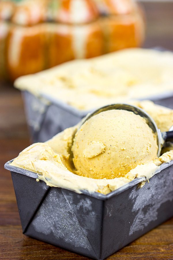 Complete with cinnamon and nutmeg, this Pumpkin Ice Cream tastes just like a slice of pumpkin pie...in ice cream form!