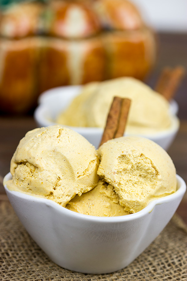 Complete with cinnamon and nutmeg, this Pumpkin Ice Cream tastes just like a slice of pumpkin pie...in ice cream form!