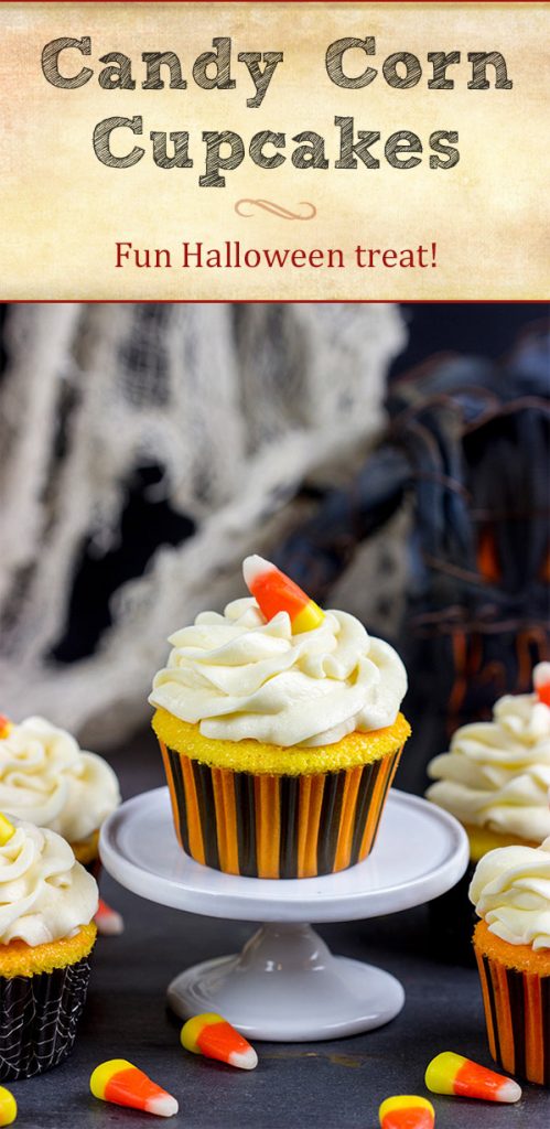 A bit of yellow and orange food coloring turns these classic vanilla cupcakes into Candy Corn Cupcakes. They're perfect for Halloween!