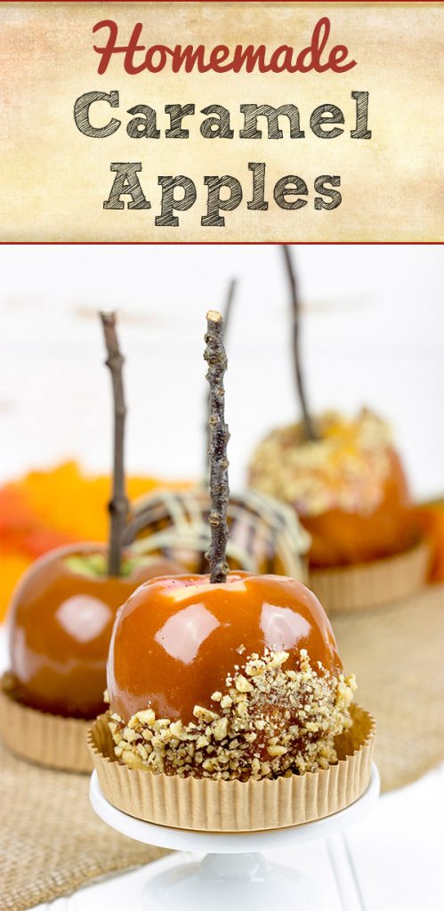 Homemade caramel apples are an easy and fun seasonal treat! Grab some juicy apples and top them with caramel, chocolate and chopped nuts.