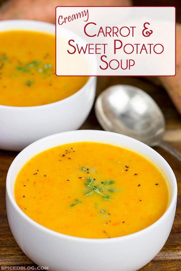 This Creamy Carrot and Sweet Potato Soup is a quick and healthy recipe that'll warm you up on chilly winter days!