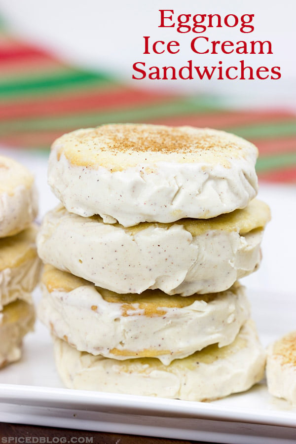 These Eggnog Ice Cream Sandwiches just like your favorite holiday drink...just in ice cream form and stuffed between thin, crispy cookies!