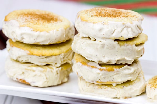 These Eggnog Ice Cream Sandwiches just like your favorite holiday drink...just in ice cream form and stuffed between thin, crispy cookies!