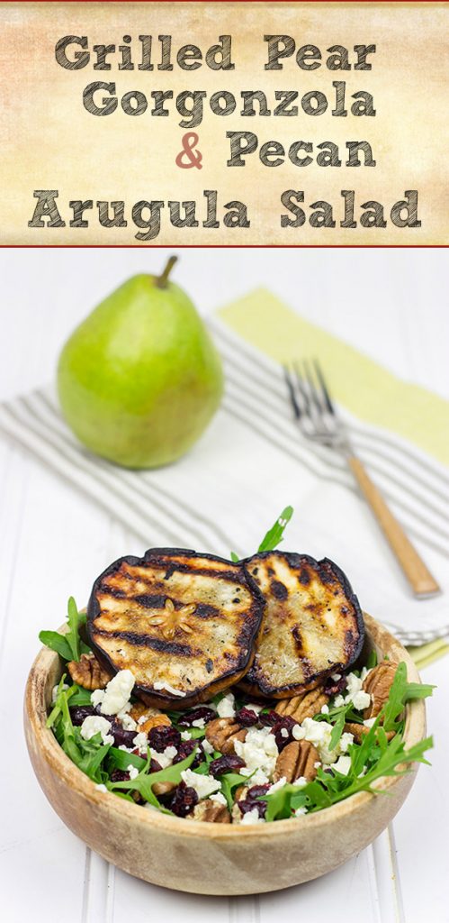 This Grilled Pear, Gorgonzola and Pecan Arugula Salad is surprisingly easy to make. Top it with a tasty, homemade Honey Balsamic Dressing for an extra boost of flavor!