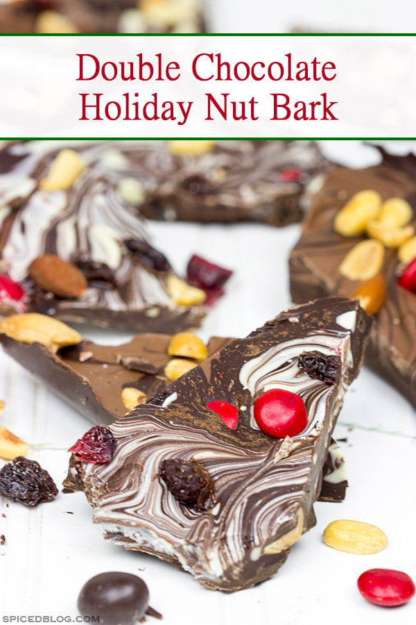 This Double Chocolate Nut Bark features two types of swirled chocolate, and it’s packed with nuts, raisins and cranberries. It’s the perfect holiday treat!