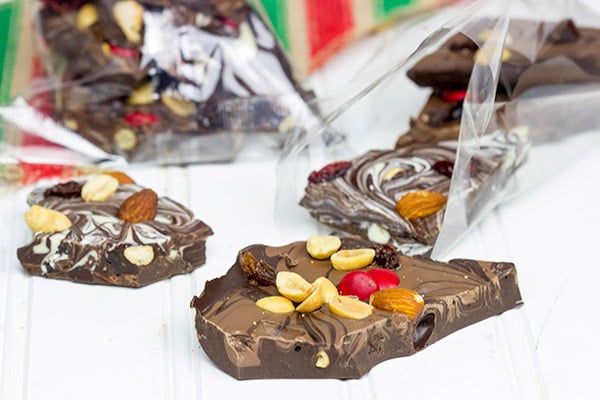 This Double Chocolate Nut Bark features two types of swirled chocolate, and it’s packed with nuts, raisins and cranberries. It’s the perfect holiday treat!