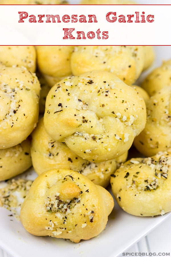 Brushed with melted butter, minced garlic and shaved Parmesan cheese, these Parmesan Garlic Knots are a delicious appetizer for gameday!