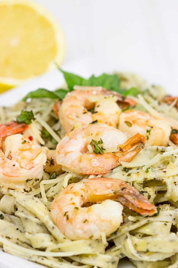 Pull out that pasta maker and make some homemade Basil Garlic Fettuccine. Top it with Lemon Garlic Shrimp for an easy date-night at home meal!