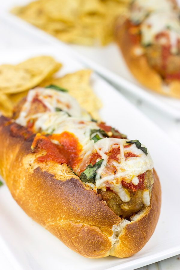 These Chicken Parm Meatball Subs are perfect for gameday!