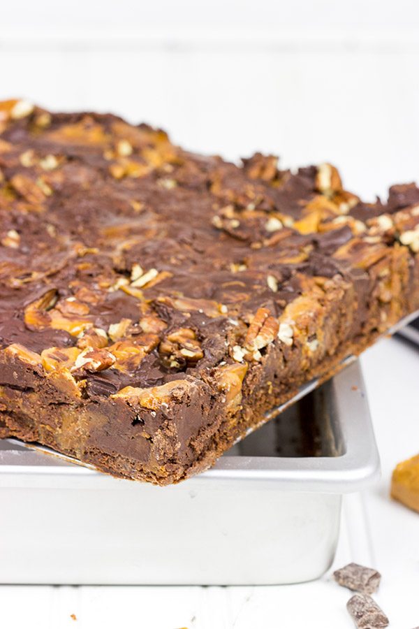 Loaded with chocolate, caramel and pecans, these Chocolate Caramel Turtle Brownies are sure to be a favorite in your house!