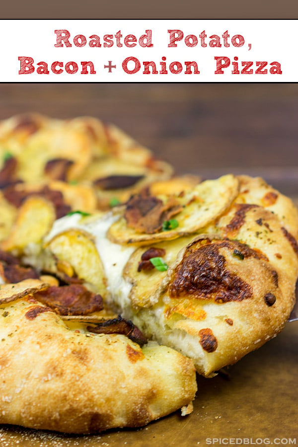 Looking for a delicious and unique pizza topping? Try some spuds! This Roasted Potato, Bacon and Onion Pizza is the perfect comfort food on a cold night!