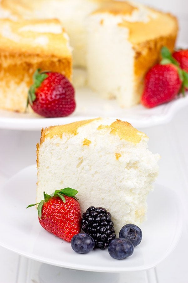 Grab some fresh berries and serve them up a slice of this light and airy Hazelnut Angel Food Cake!