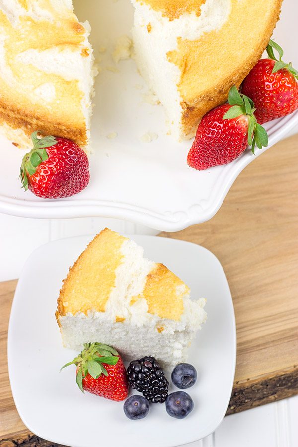 Grab some fresh berries and serve them up a slice of this light and airy Hazelnut Angel Food Cake!