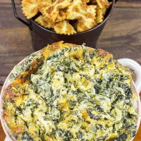 Skip the chips when you make this tasty Spinach Artichoke Dip. Go with fried bowtie pasta instead!