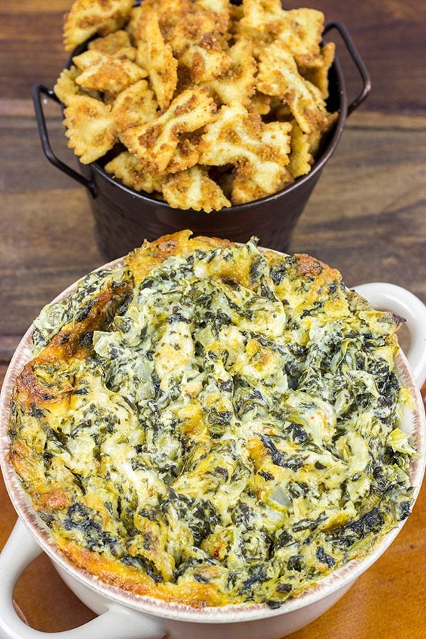Skip the chips when you make this tasty Spinach Artichoke Dip. Go with fried bowtie pasta instead!