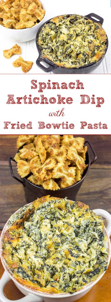 Skip the chips when you make this tasty Spinach Artichoke Dip. Go with fried bowtie pasta instead!