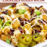 These Loaded Tots are topped with a tasty queso cheese sauce and Coca-Cola glazed bacon bits! They're the perfect snack for watching sports!