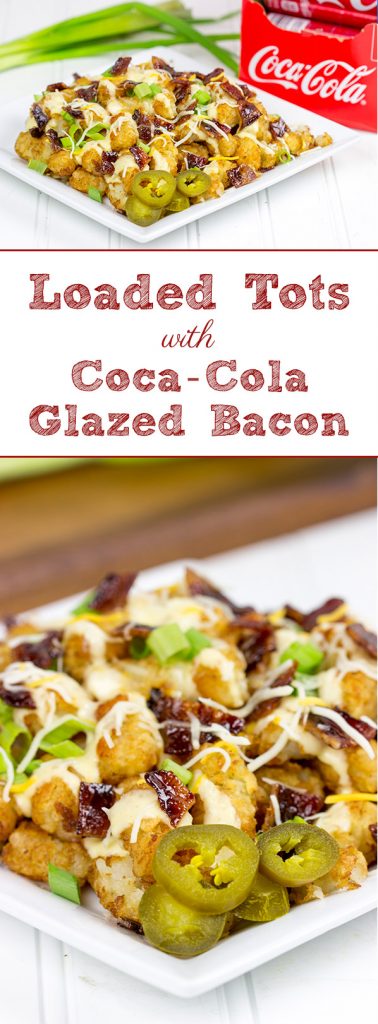 These Loaded Tots are topped with a tasty queso cheese sauce and Coca-Cola glazed bacon bits! They're the perfect snack for watching sports!