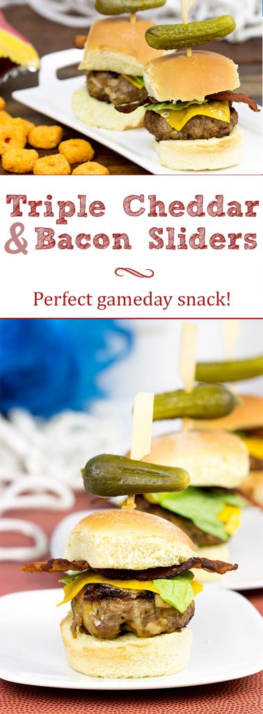 Stuffed with cheese and then topped with more cheese, these Triple Cheddar Bacon Sliders are the perfect snack to serve during the big game!