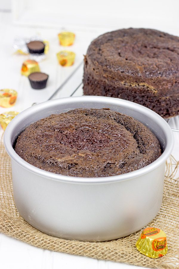 This Reese's Chocolate Peanut Butter Cake features a rich, moist chocolate cake covered in a decadent peanut butter frosting. Garnish with chopped peanut butter cups for a delicious dessert!