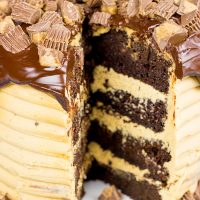 This Reese's Chocolate Peanut Butter Cake features a rich, moist chocolate cake covered in a decadent peanut butter frosting. Garnish with chopped peanut butter cups for a delicious dessert!