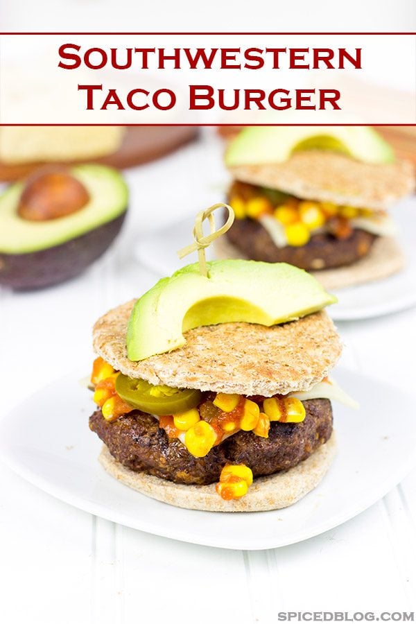 Loaded with southwestern seasonings and topped with corn salsa, this Southwestern Taco Burger is a fun way to mix up burger night!
