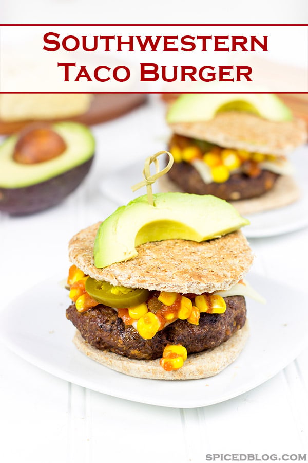 Loaded with southwestern seasonings and topped with corn salsa, this Southwestern Taco Burger is a fun way to mix up burger night!