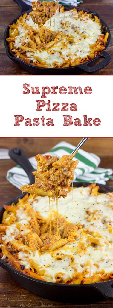 Loaded with your favorite pizza toppings, this Supreme Pizza Pasta Bake is an easy and delicious weeknight meal!