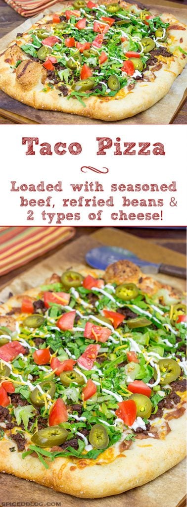 Topped with seasoned beef and your favorite taco ingredients, this Taco Pizza is a delicious way to celebrate the arrival of warm(er) weather!
