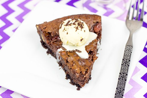 This Black Forest Brownie Pie features a chocolate crust filled with a decadent chocolate and cherry brownie filling!