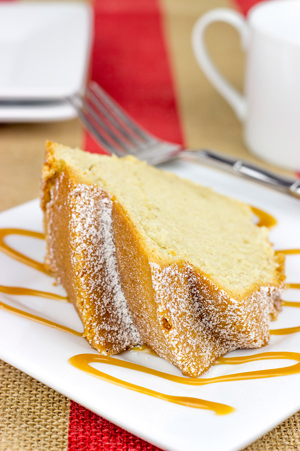 Lightly spiced with cinnamon and cardamom, this Caramel Chai Pound Cake is a delicious dessert. Serve it with a scoop of vanilla ice cream for a tasty summer treat!