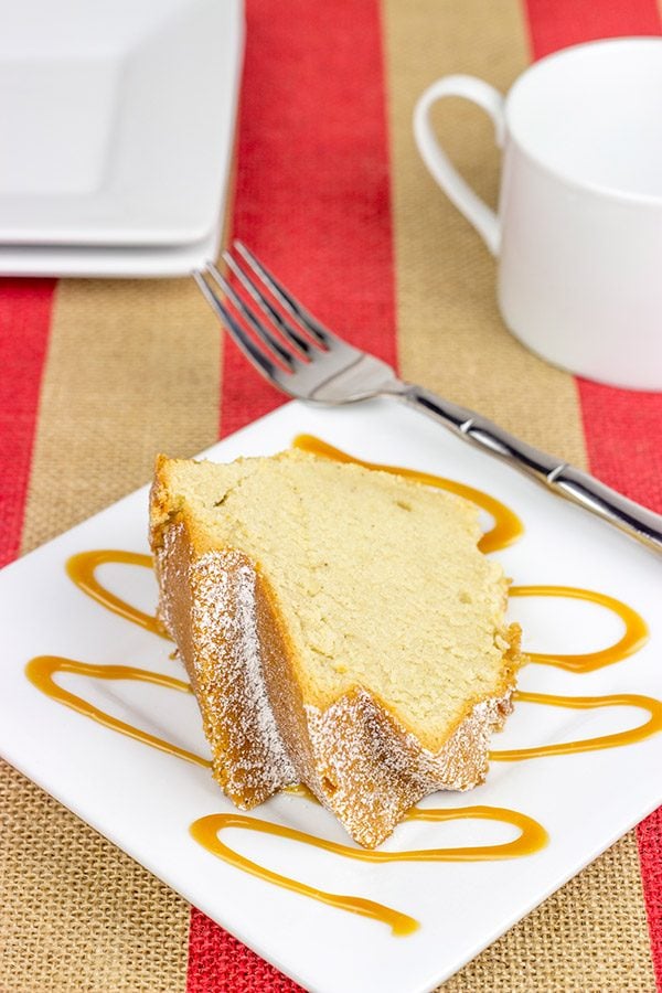 Lightly spiced with cinnamon and cardamom, this Caramel Chai Pound Cake is a delicious dessert. Serve it with a scoop of vanilla ice cream for a tasty summer treat!