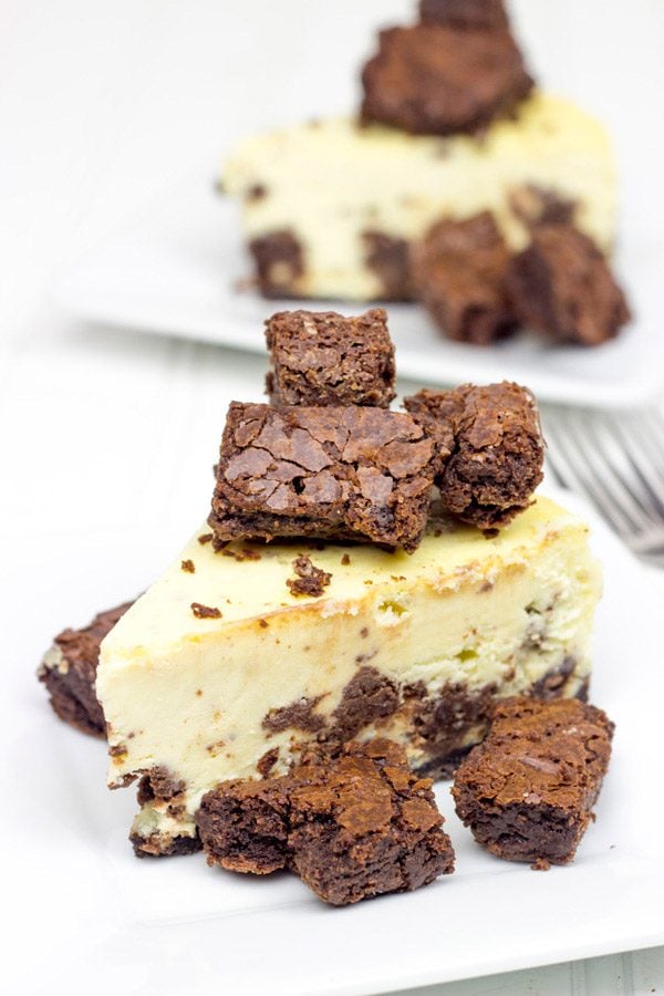 Complete with brownie bites baked into this cheesecake and piled high on top, this Brownie Bite Cheesecake is an impressive dessert to serve to company!