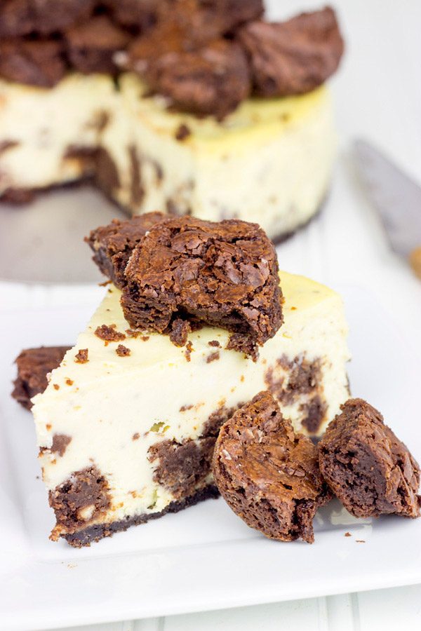 Complete with brownie bites baked into this cheesecake and piled high on top, this Brownie Bite Cheesecake is an impressive dessert to serve to company!